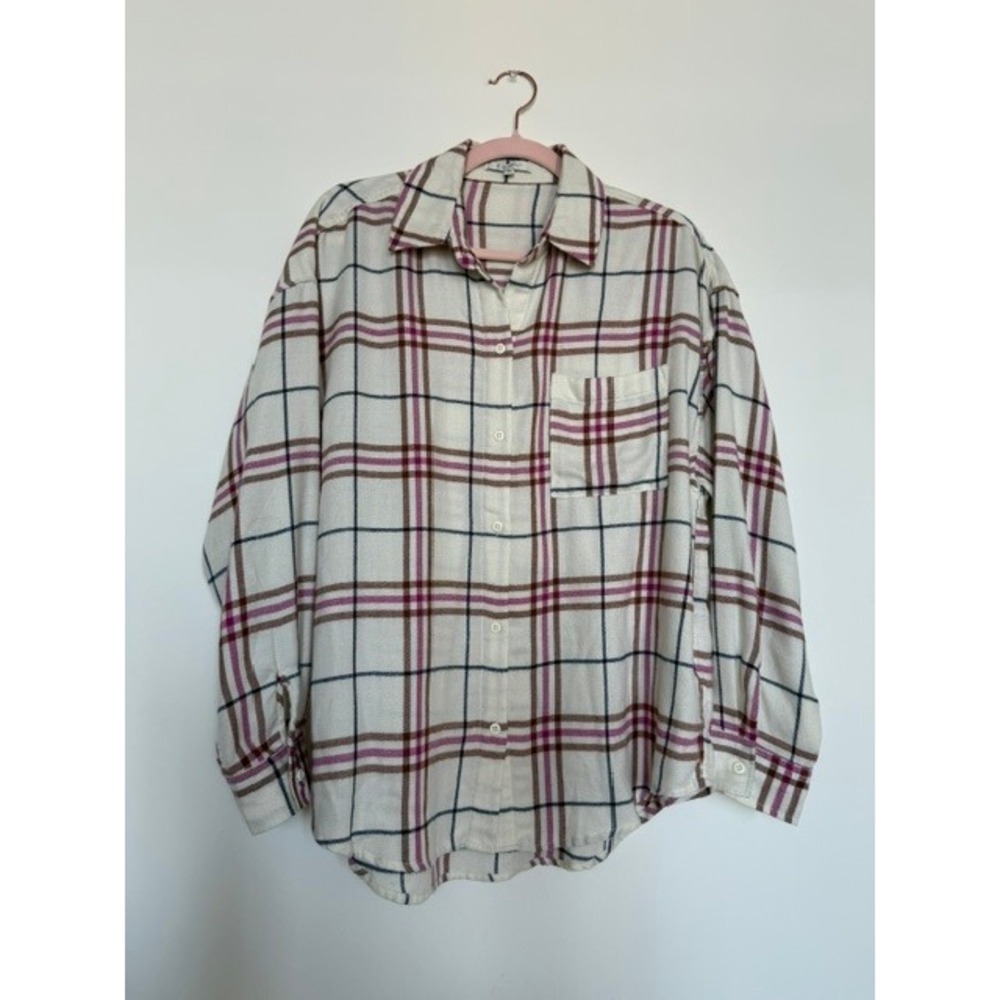 Z Supply Cream & Pink Plaid Flannel Shirt | Super Soft Button Down | Size Large